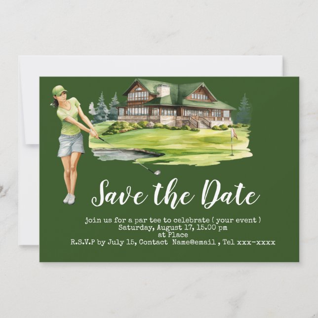 Golf save the date with woman golfer invitation (Front)