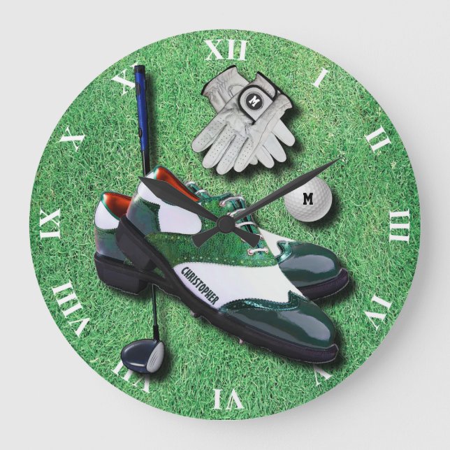Golf Shoes Ball Gloves Club Driver With Your Name Large Clock (Front)