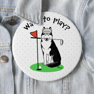 Golf Siberian Husky (black) Dog Playing Cute Funny 6 Inch Round Button