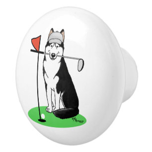 Golf Siberian Husky (black) Dog Playing Cute Funny Ceramic Knob
