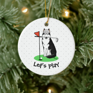 Golf Siberian Husky (black) Dog Playing Cute Funny Ceramic Ornament