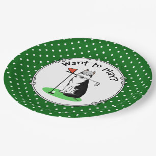 Golf Siberian Husky (black) Dog Playing Cute Funny Paper Plate