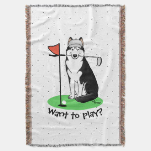 Golf Siberian Husky (black) Dog Playing Cute Funny Throw Blanket