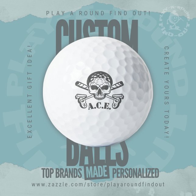 Golf Skull & Crossbones Custom Name Monogrammed  Balls (Custom printed golf balls by Play A Round Find Out,  monogrammed Jolly Roger features skull & clubs)