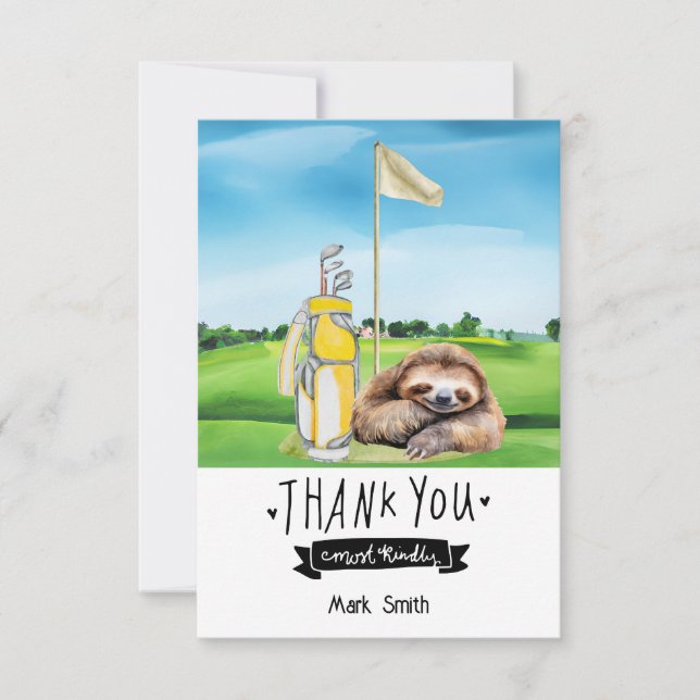 Golf Sloth Golfer on green grass Thank You Card (Front)