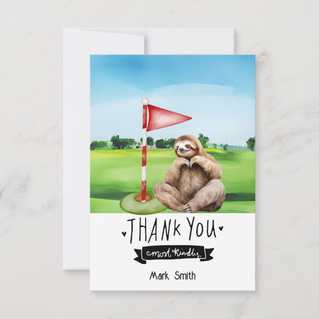 Golf Sloth Golfer on green grass Thank You Card (Front)