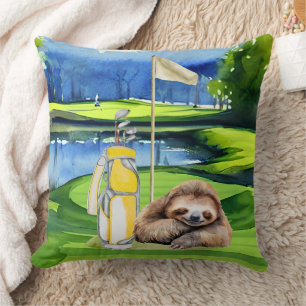 Golf Sloth Golfer on green  Throw Pillow