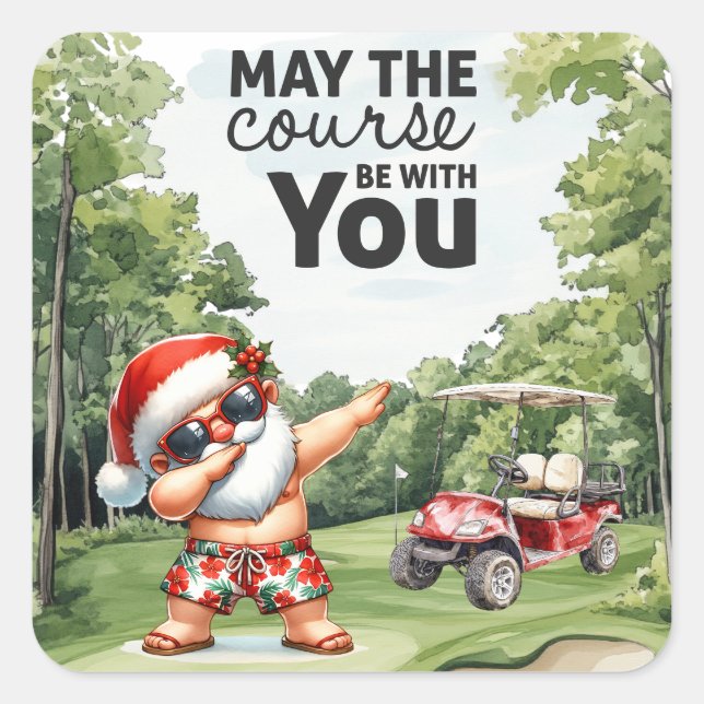 Golf Summer  Christmas with Santa Claus at flag   Square Sticker (Front)
