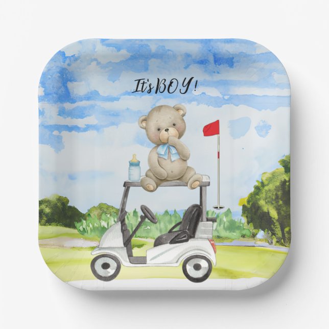 Golf Teddy Bear It's Boy for Baby Shower   Paper Plate (Front)