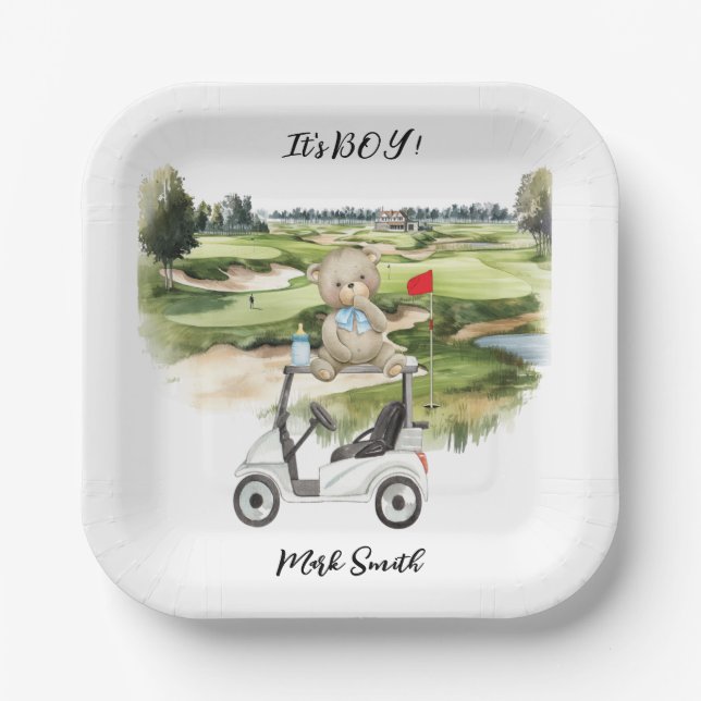 Golf Teddy Bear It's Boy for Baby Shower   Paper Plate (Front)