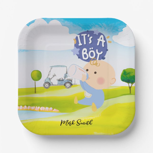 Golf Teddy Bear It's Boy for Baby Shower   Paper Plate (Front)