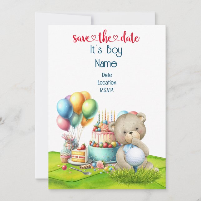 Golf Teddy Bear It's Boy for Golfer Baby  Invitation (Front)