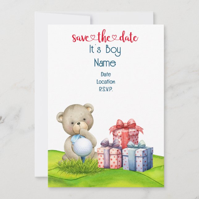 Golf Teddy Bear It's Boy for Golfer Baby  Invitation (Front)