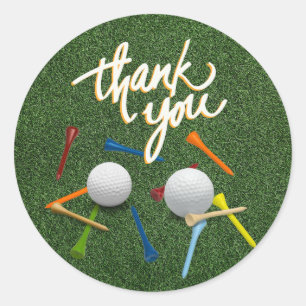 Golf Thank you with golf ball and tees on green   Classic Round Sticker