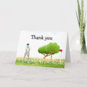 Golf Thank you with text and woman golfer putting  Card
