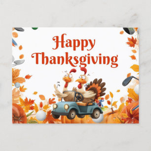 Golf Thanksgiving with golf cart Autumn themed Holiday Postcard