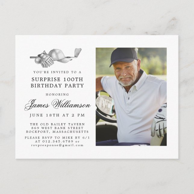 Golf Theme 100th SURPRISE Birthday Party Photo Invitation Postcard (Front)