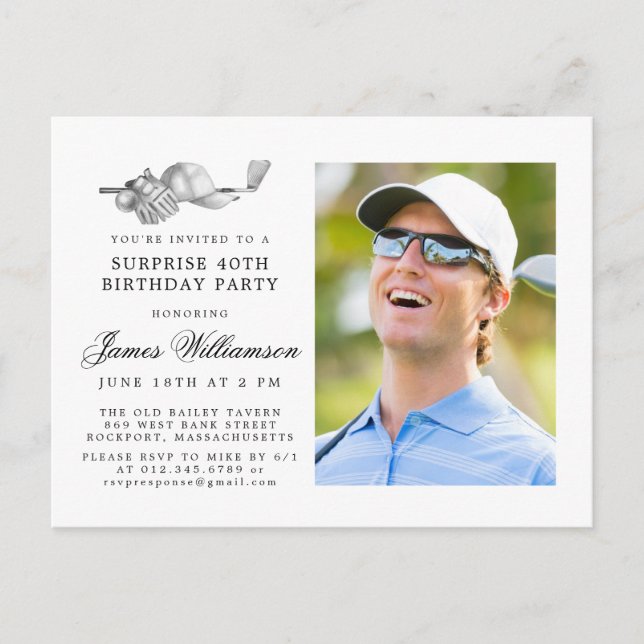 Golf Theme 40th SURPRISE Birthday Party Photo Invitation Postcard (Front)