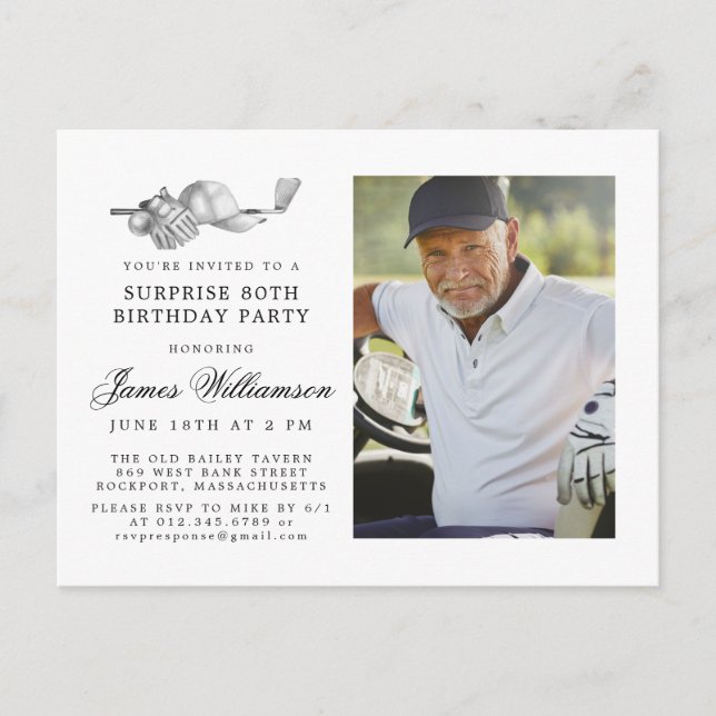 Golf Theme 80th SURPRISE Birthday Party Photo Invitation Postcard (Front)