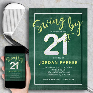Golf Theme Swing By 21st Birthday Stylish Green Invitation