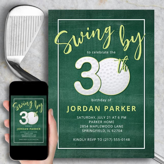 Golf Theme Swing By 30th Birthday Stylish Green Invitation (Personalized details make it uniquely yours.)