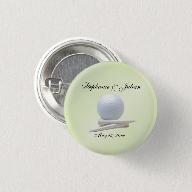 Golf Theme Wedding Green Names and Date 1 Inch Round Button (Front & Back)