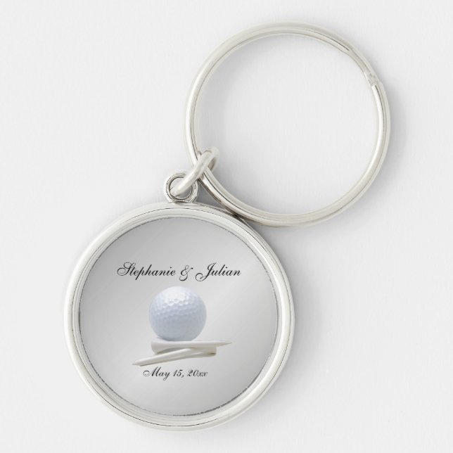 Golf Theme Wedding Silver Names and Date Keychain (Front)