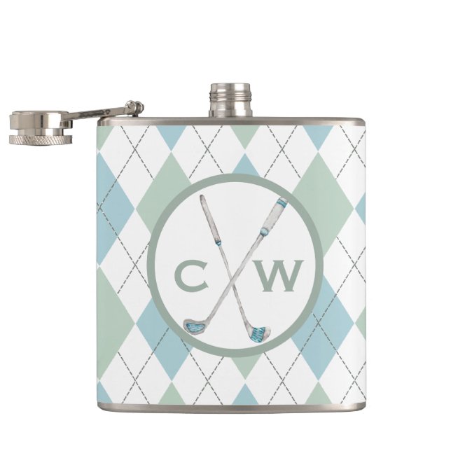 Golf Themed Argyle Personalized Monogram Hip Flask (Opened)