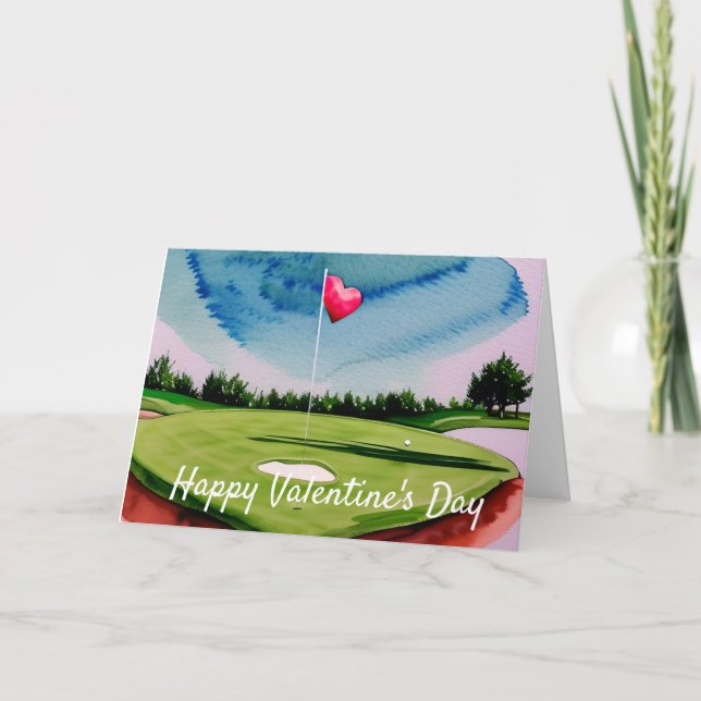 Golf Valentine's Day at golf course watercolor Holiday Card (Front)