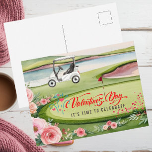 Golf Valentine's Day with golf cart on course  Holiday Postcard