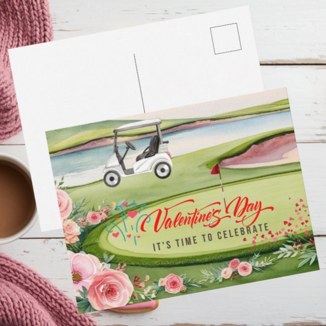Golf Valentine's Day with golf cart on course  Holiday Postcard (Creator Uploaded)
