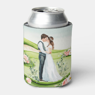 Golf Wedding Bride and Groom Golfer on green  Can Cooler