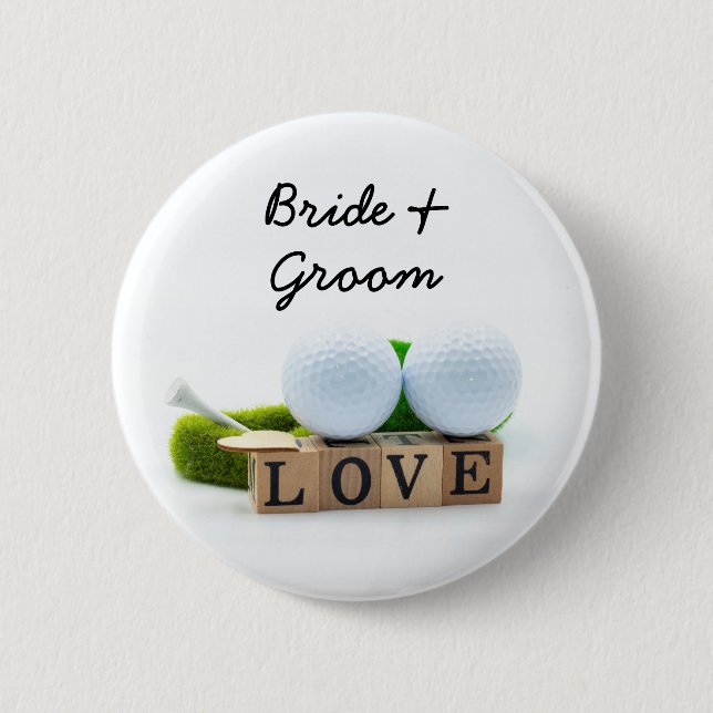 Golf wedding bride groom golf ball tee with love 2 inch round button (Front)