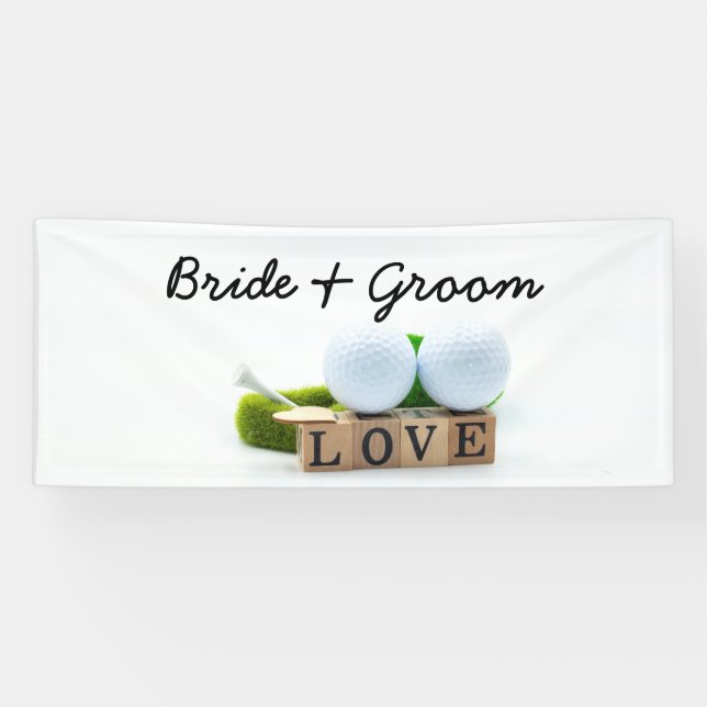 Golf wedding bride groom golf ball tee with love banner (Horizontal)