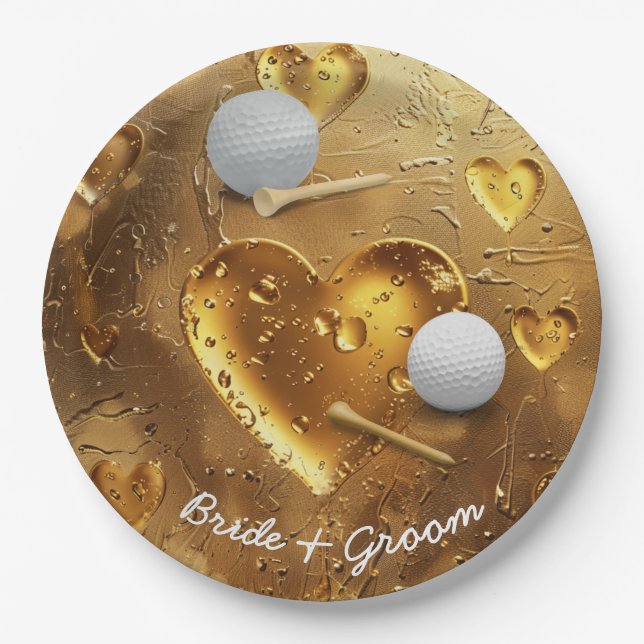 Golf wedding bride groom name with golf ball  paper plate (Front)