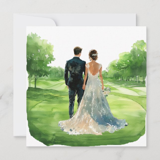Golf wedding Bride & Groom on Golf Course card (Front)