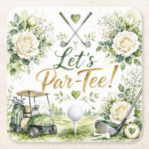Golf Wedding Floral Let's Par Tee  Square Paper Coaster