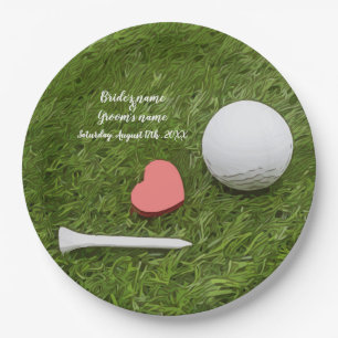 Golf Wedding golf ball and tee with love on green Paper Plate
