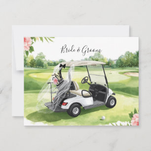 Golf wedding golf cart on green grass card