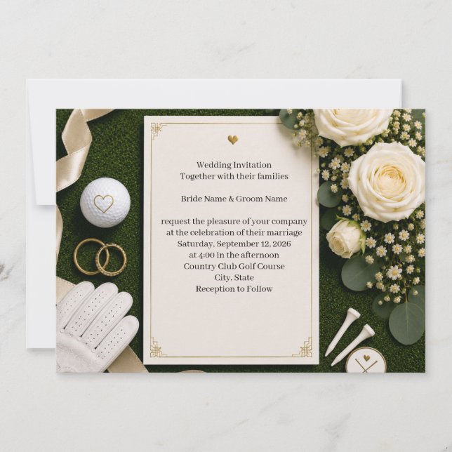 Golf Wedding Invitation with White Roses  (Front)