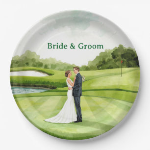 Golf Wedding Party with Bride & Groom on Green Paper Plate