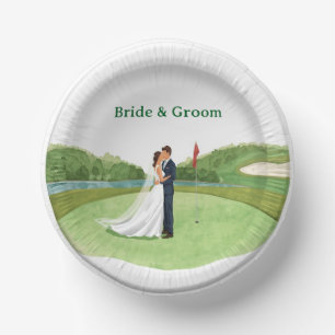 Golf Wedding Party with Bride & Groom on Green Paper Plate