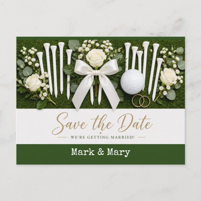 Golf Wedding Save the Date with White Golf Tees  Postcard (Front)