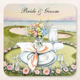 Golf Wedding themed on golf course Square Paper Coaster