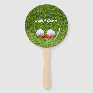 Golf Wedding two golf balls on green with love Hand Fan
