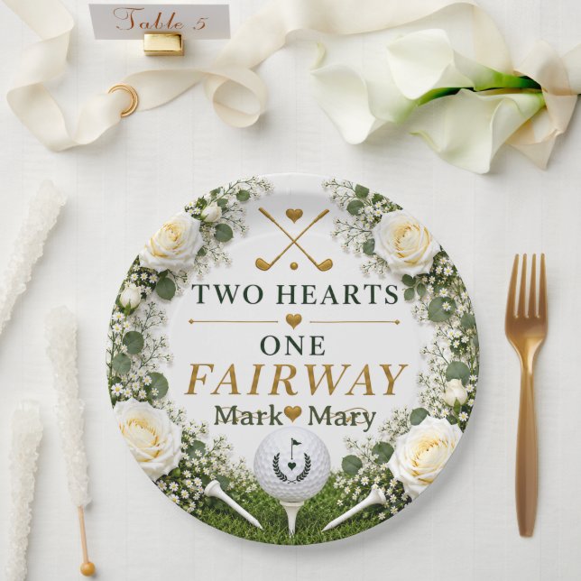 Golf Wedding Two Hearts One Fairway  Paper Plate (Wedding)