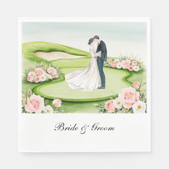 Golf Wedding with Bride and Groom on course Napkin (Front)
