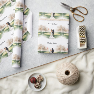 Golf Wedding with Bride and Groom on course Wrapping Paper