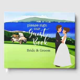 Golf wedding with bride and groom on green golfer guest book