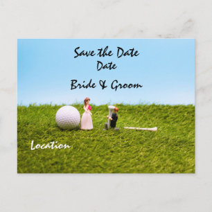 Golf wedding with bride and groom save the date postcard